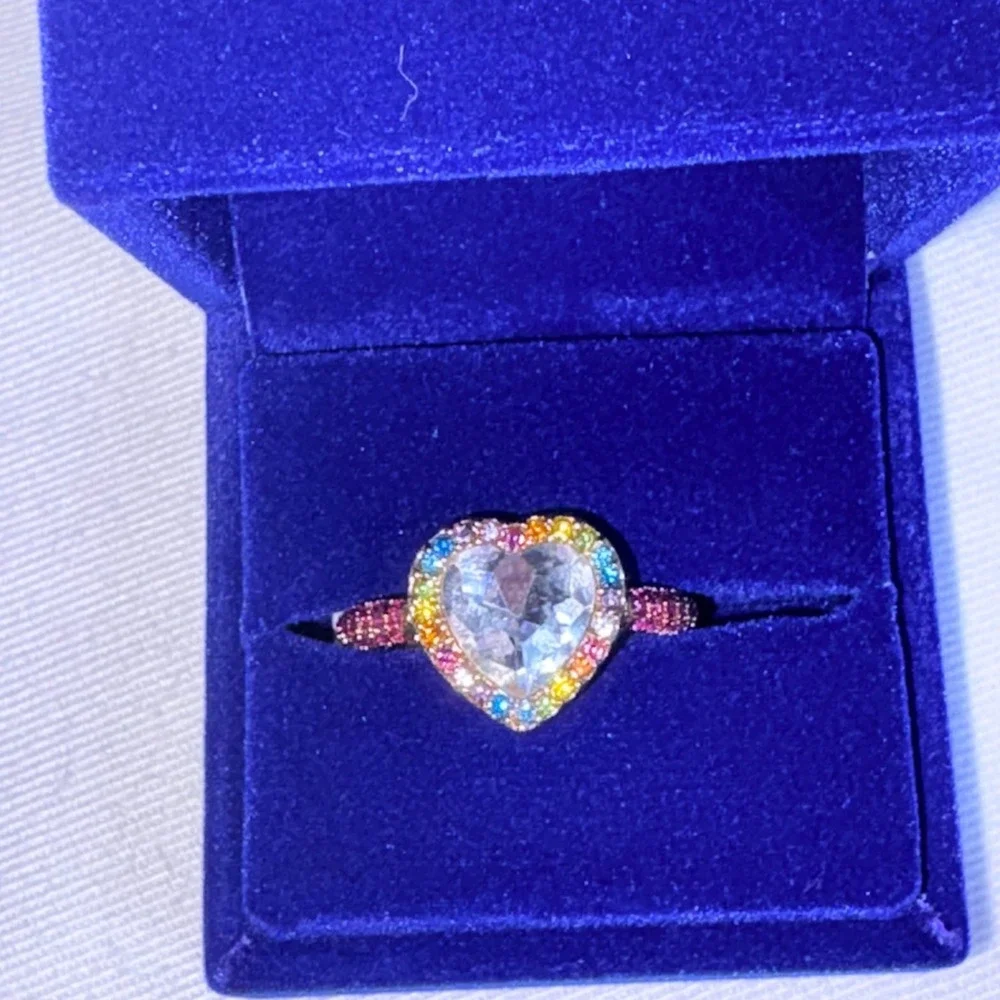 Kurt Geiger Heart Cocktail Ring Size 9 Rainbow Rose Gold Statement Pavé